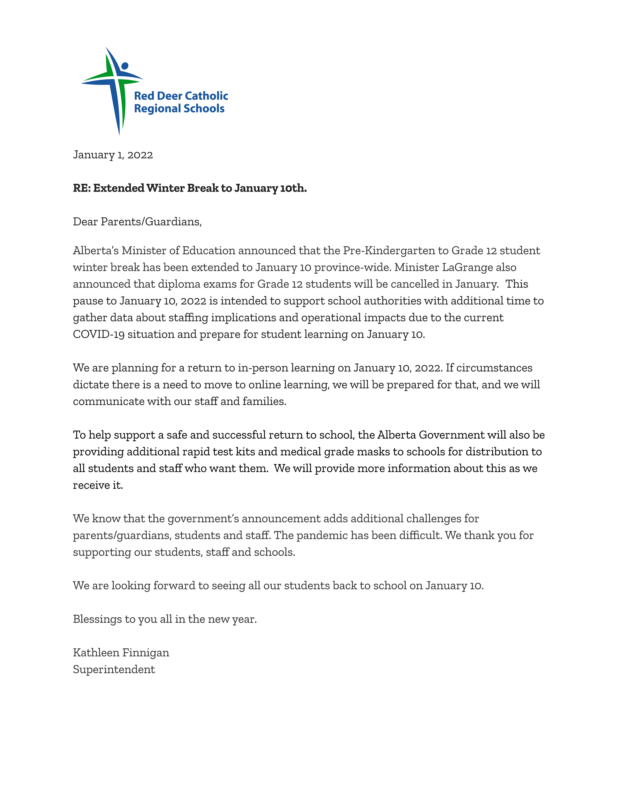 Parent Letter Regarding the Extended Winter Break to January 10th | Red ...